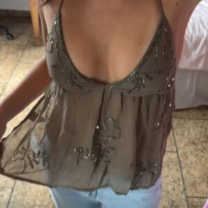Beaded Spaghetti Strap Babydoll Top in Beige